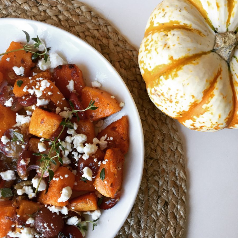 Roasted Butternut Squash with Grapes, Goat Cheese and Thyme